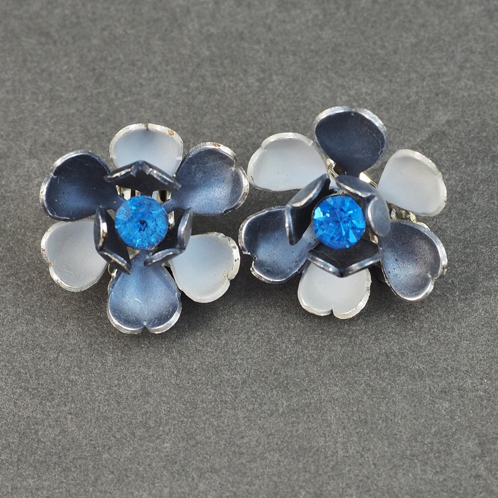 Coro Brooch Earrings Demi Parure Flower Enamel Blue Rhinestone Vintage Estate - Picture 15 of 15